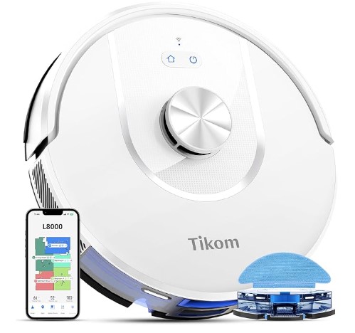Tikom Robot Vacuum and Mop, L8000 Laser LiDAR Navigation Robotic Vacuum, 150Mins Max, 45dB, 14 No-Go Zones, 20 Virtual Walls, Self-Charging, Good for Pet Hair, Carpet, Hard Floor, White