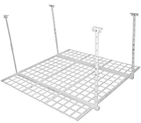 Best Heavy-Duty Overhead Racks for Garage Storage 5 HyLoft 00540 45-Inch by 45-Inch Overhead Storage System, Ceiling Mount Garage Organization Rack, White & 00212 Add-On Storage Hook Accessory Model-540 Ceiling Rack, 4 Count