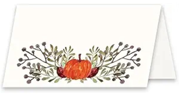 Koko Paper Co Thanksgiving Table Place Cards with Pumpkin and Fall Leaves | 50 Tent Style Dinner Setting Name Cards | Designed and Made in the U.S.A.