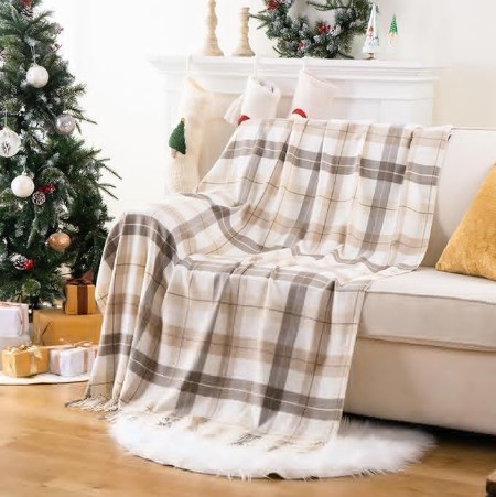BATTILO HOME Fall Plaid Throw Blanket for Couch, Farmhouse Checkered Decor Throw, Lightweight Beige Throw Blankets for Bed Sofa Neutral Fall Decor, 50"x60"