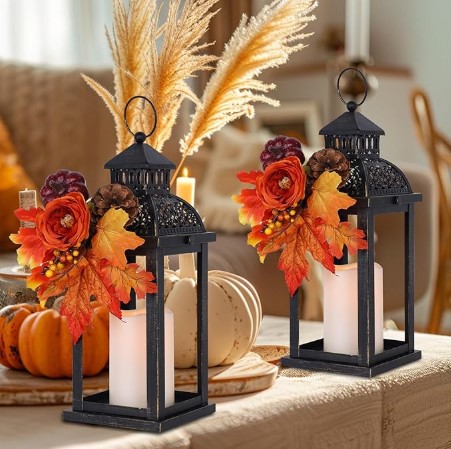 NEEDOMO Fall Decorations for Home, 2 Pcs 15'' Fall Lantern Indoor Outdoor Thanksgiving Decor, Vintage Metal Hanging Candle Holders with Fall Teardrop Wreath and LED Candle for Patio, Porch, Table