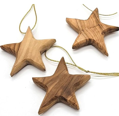 Handcrafted Olive Wood Star Ornaments for Christmas - Set of 3 Artisanal 2.56" x 2.76" Tree Decorations, Rustic Eco-Friendly Holiday Decor, Festive Wooden Accents for Seasonal Charm