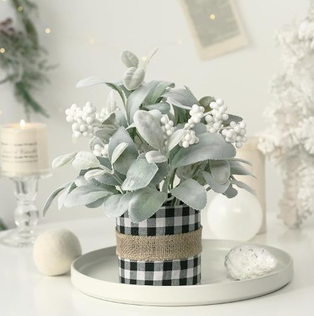 Flocked Lambs Ear Tabletop Mini Small Table Top Winter Christmas Tree,10" Artificial Little Potted for Christmas Decor, for Home Indoor Holiday.