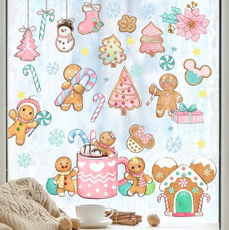 Mfault 148 PCS Merry Christmas Gingerbread Window Clings 9 Sheets, Xmas Ginger Bread Man Pink Candy Cane House Stickers Decals Decorations, Winter Snowflake Living Room Home Kitchen Decor Holiday Gift