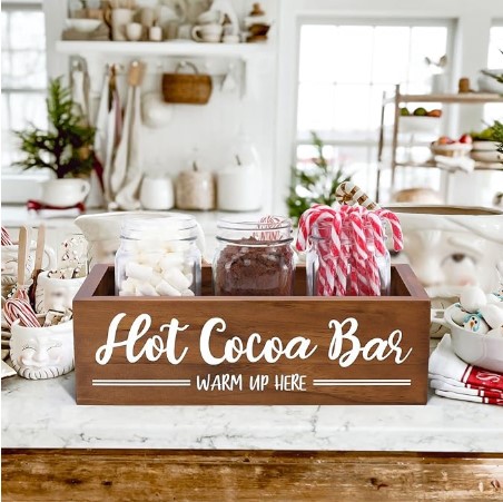 Hot Cocoa Bar Box Hot Chocolate Bar Tray Hot Cocoa Station Sign Wooden Farmhouse Decor Kitchen Organizer Wood Winter Decor Storage Holiday Decor