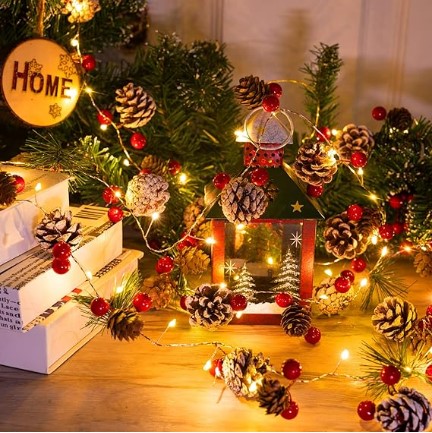 Christmas Pine Lighted Garland Decor, 9.8 Ft 60 LEDs Red Berry Pine Cone Battery Operated Christmas Garland Lights with 8 Modes, Remote Control for Mantle Fireplace Stairs Xmas Tree Indoor Decor