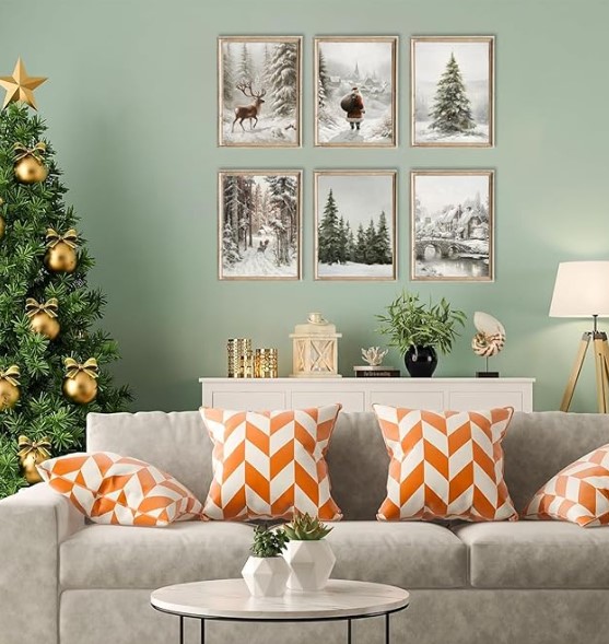 TWNSLLA Vintage Christmas Decor Wall Art Set of 6,Vintage Christmas Wall Decor,Moody Snowy Landscape Painting Winter Wall Art,Reindeer Pine Tree Santa Claus Art Prints,Retro Christmas Pictures Wall Decor Living Room Bedroom,Unframed,8x10inch