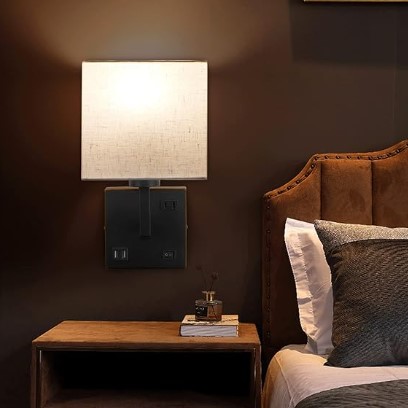 Best Battery-Operated Sconces for Damage-Free Decorating 7 AVV Wall Sconce Lighting, Bedside Wall Mount Light with USB Port, AC Outlet and 3 Color 2700K/4000K/5000K Selectable, Fabric Linen Shade, Wall Lamps for Bedroom Living Room Hotel, Hardwire, Black, 2PK