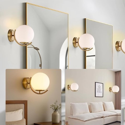 5 Best Designer Lamp Dupes Under $100 4 Gold Globe Wall Sconce with 7.1" Frosted Glass Shade, Mid Century Modern Electroplated Gold Wall Light Fixture, E12 Base Milk Glass Ball Vanity Lighting for Bedroom, Hallway, Bedside, Hardwired