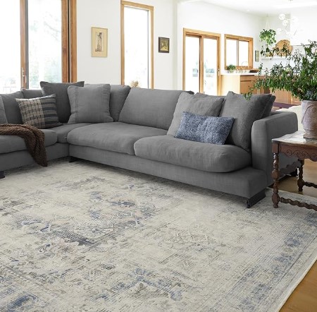 Best Washable Rugs for Homes with High Pet Traffic 2 RUGGABLE Washable Vintage Area Rug – Kamran Blue Quartz 8x10, Stain-Resistant, Non-Slip – Large Machine Washable Rugs for Living Room, Bedroom, Hallway, Entryway & Office–with Standard Pad