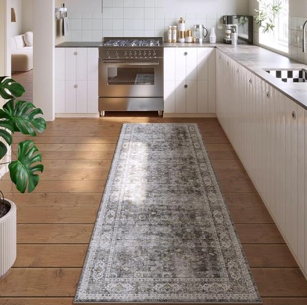 Best Washable Rugs for Homes with High Pet Traffic 5 Runner Rug Hallway Runner Rug Washable Kitchen Runner Rugs with Rubber Backing 2'6''x8' 100% Polyester Vintage Rug for Entryway Indoor, Kitchen, Laundry, Bedroom (Grey and Brown)