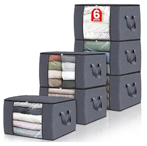 Fab totes 6 Pack Clothes Storage, Foldable Thick Fabric Blanket Storage Bags, Storage Containers for Organizing Bedroom, Closet, Clothing, Comforter, Organization and Storage with Handle,Grey