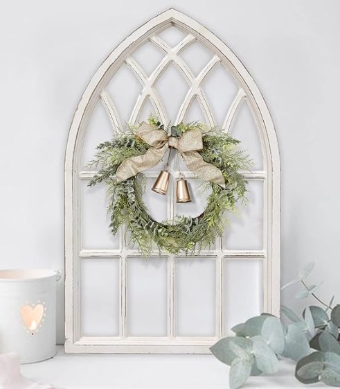 Sintosin Rustic Arched Window Frame 20 x 32 inch, Hanging Distressed White Window Pane Wall Decor, Farmhouse Window Frame Decor, Wooden Cathedral Window Frames for Wall Decor Living Room Christmas
