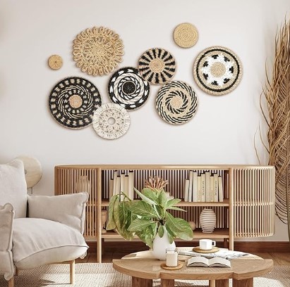 11 Pcs Boho Wall Basket Decor Decorative Bulrush Woven Basket Wall Decor Boho Wall Art Round Farmhouse Wall Hanging Baskets for Kitchen Rustic Home Christmas Decorations, Multi Sizes(Retro)