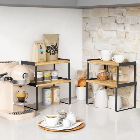Kitchen Cabinet Organizer Shelves Set of 4, Expandable Counter Shelf Rack for Plate Dish Cup Mug Spice, Stackable Shelf Riser for Pantry Cupboard Desk Top Corner Storage (Bamboo, Black)