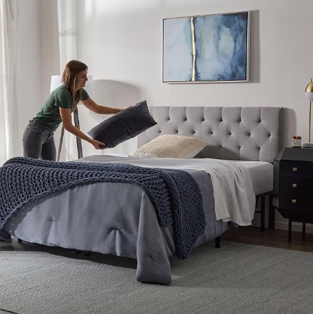 LUCID Mid-Rise Upholstered Headboard - Diamond Tufted - Padded Polyester - Adjustable Height from 34” to 46” - Easy Assembly - Bed Frame or Wall Mount - Sturdy - Stone - King / Cal King Size