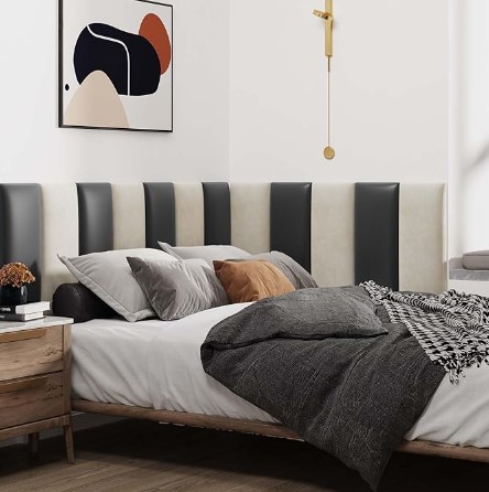 Wall Mounted Upholstered Headboard King, 12 Panels 3D Peel and Stick Soundproof Wall Panels, Reusable and Removable Padded Headboard Leather Bed Headboard, 9.84" x 23.62", Black