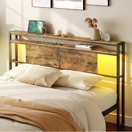 Queen Size Headboard, Headboard with Light and Outlets, Headboard with 2 Storage Shelves, Storage Rack, Adjustable Height, Sturdy and Stable, Easy Assembly, Rustic Brown and Black