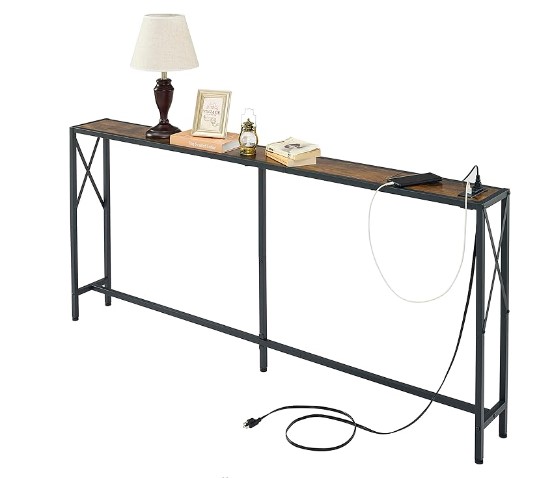 Console Table with 2 AC Oulets & 2 USB Ports, Narrow Sofa Table, Entryway Table, Industrial Sofa Table for Hallway, Living Room, Bedroom, Long Console Table, 6.5 Feet Power Cord