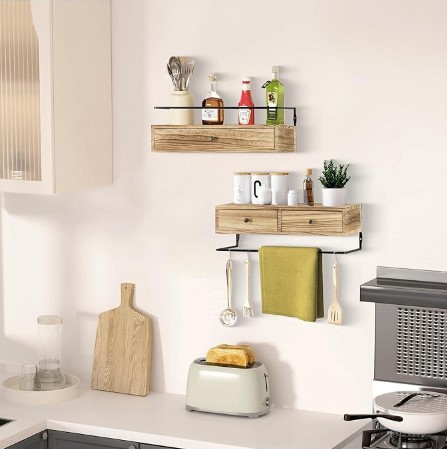Floating Shelves for Wall Storage, Wall Mounted Bathroom Shelf with Drawers Set of 2, Rustic Wood Wall Shelves for Bedroom, Living Room, Kitchen, Wall Decor, Plants, Books