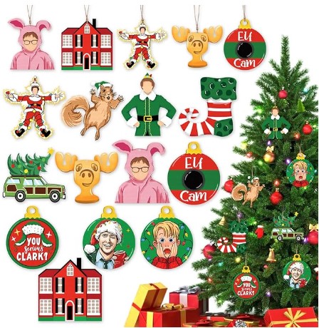 24 Pcs Christmas Classic Movie Tree Ornaments, Christmas Vacation Clark Elf Kevin Wooden Xmas Tree Hanging Decorations Set, Funny Indoor Home Decor Holiday Party Supplies with Jute Rope