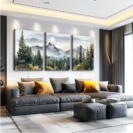 Best Large-Scale Wall Art Sets for Double-Height Ceilings 4 MHARTK66 Large Size Wall Art for Living Room Modern Wall Decor for Bedroom Office Decor Abstract Mountain Forest Landscapes Ink Painting 3 Piece Framed Canvas Art Prints Ready to Hang Wall Pictures