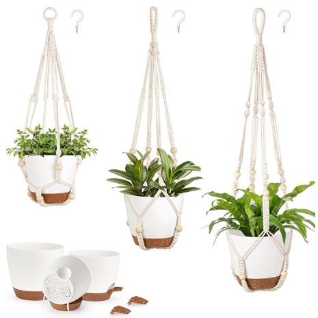 Self-Watering Planters that actually look like Designer Ceramic 2 Mkono 3 Pack Hanging Planters for Indoor Plants with Self Watering, Outdoor Hanging Plant Pots with 35"/29"/23" Macrame Plant Hangers, 2 Types of Hanging Baskets for Garden Home Decor