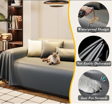 Premium Faux Leather Couch Cover, Stain-Resistant Sofa Cover Washable, Waterproof Couch Cover for Loveseat, Anti-Pet-Scratch, Luxury Furniture Protector for Pets, Kids(71" x 102", Grey)