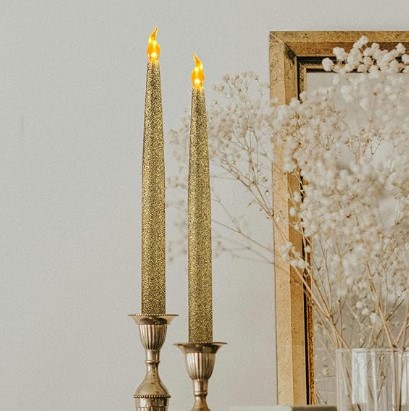 FURORA LIGHTING Gold Glitter LED Candles - Flickering Flameless Taper Candles with 6/18 Hour Timer, Battery Operated for Safety and Elegance, Pack of 12