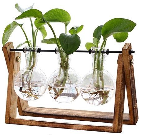 XXXFLOWER Plant Terrarium with Wooden Stand, Air Planter Bulb Glass Vase Metal Swivel Holder Retro Tabletop for Hydroponics Home Garden Office Decoration - 3 Bulb Vase