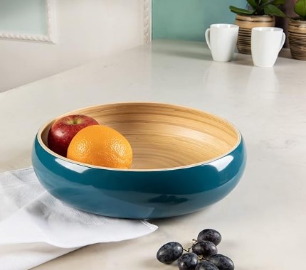 LEXA Bamboo Fruit Bowl for Kitchen Counter, 12 Inch Large & Round, Artisan Lacquered Wooden Fruit Bowl or Candy Bowl, Handcrafted Bamboo Fruit Basket for Kitchen & Home Decor (Navy Blue)
