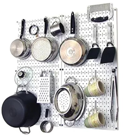 Wall Control Kitchen Pegboard Organizer Pots and Pans Pegboard Pack Storage and Organization Kit with White Pegboard and White Accessories