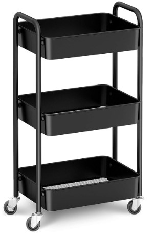 CAXXA 3-Tier Rolling Metal Storage Organizer - Mobile Utility Cart, Kitchen Cart with Caster Wheels (Black)