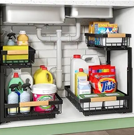 Under Sink Organizer, 2 Packs 2 Tier Under Sink Organizers and Storage, Slide out Pull out Cabinet Organizer Shelf, Metal Sliding Drawer for Kitchen Bathroom Pantry Cabinet Closet Organization Rack