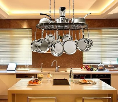 Vdomus Heavy-Duty Hanging Pot Rack - 33x17 Inches - Stylish Black Alloy Steel Ceiling Storage with 15 Hooks - Organize Kitchen Cookware and Utensils - Space-Saving Mounted Overhead Holder