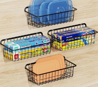 iSPECLE Hanging Wall Basket - 4 Pack Small Cabinet Door Organizer Add Extra Space for Kitchen Cabinet to Store Small Items, Sturdy and Long-lasting Easy Installation, Black