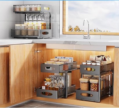 Under Sink Organizer, 2 Tier Pull out Cabinet Organizer Baskets with Mesh Sliding Drawers, Slide out Storage Shelf for Home, Kitchen, Bathroom, Pantry, Office Cabinet, Countertop(1 Pack)