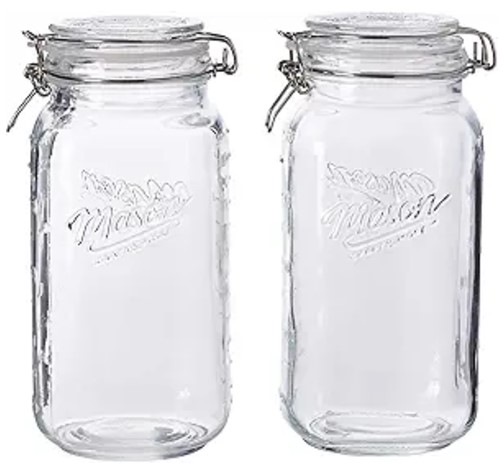 Mason Craft & More Airtight Kitchen Food Storage Clear Glass Clamp Jars, 67 Ounce (2 Liter) Large Clamp Jar