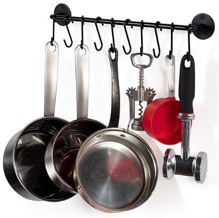 Wallniture Cucina 16" Wall Mount Kitchen Organization and Storage Rail with 10 S Hooks for Hanging Pots and Pans Set and Lid Organizer, Black