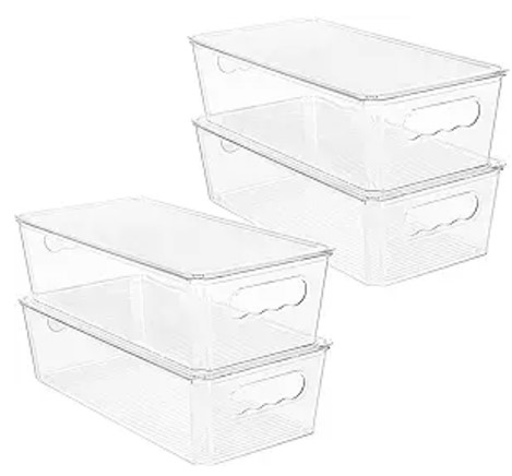 Vtopmart 4pcs Clear Organizers and Storage Bins with Lids, Stackable Plastic Storage Containers with Handles for Fridge, Freezer, Pantry, Cabinet, Kitchen Organization and Storage