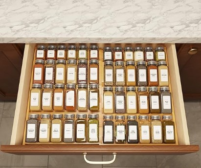 SpaceAid Bamboo Spice Drawer Organizer, (Need 3" Deep Drawer) Expandable 4 Tier Spices Rack for Cabinet, Kitchen Seasoning Storage Insert (Jars Not Included, From 12" to 23" Wide)