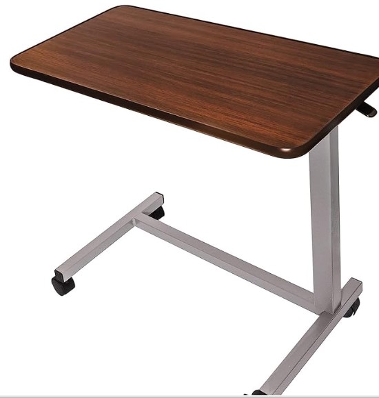 Vaunn Adjustable Overbed Bedside Table With Wheels (Hospital and Home Use), Walnut Brown