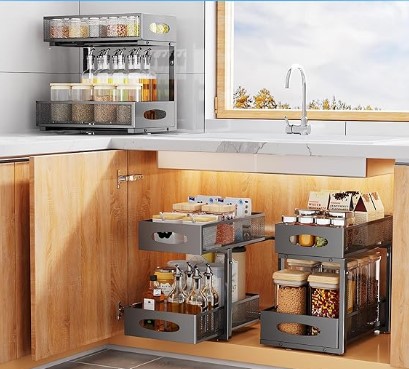Under Sink Organizer, 2 Tier Pull out Cabinet Organizer Baskets with Mesh Sliding Drawers, Slide out Storage Shelf for Home, Kitchen, Bathroom, Pantry, Office Cabinet, Countertop(1 Pack)