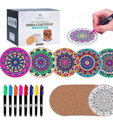 Hula Home Color Your Own Coaster Mandalas w/ Markers | 8 Absorbent Ceramic Tiles w/ Cork Base | Gift Arts and Crafts DIY Kit for Adults, Hobby, Teens, Seniors, Women, Elderly