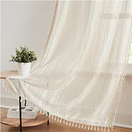 Short Beige Lace Curtains with Tassels for Bedroom,Boho Geo Embroidery Rod Pocket Drapes 63 Inches Long,Sheer Window Treatment Set for Living Room,40" Wx63 L,2 Panels,Beige