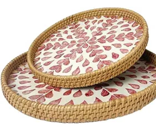 Round Rattan Tray with Mother of Pearl Inlay, Boho Coffee Table Tray Decor, Wicker Trays for Decor, Woven Tray, Round Basket Tray, Decorative Plates for Display (PINKHEART, 9.84 INCH and 11.8 INCH)