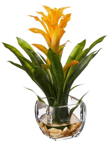 Nearly Natural 6897-YL Bromeliad with Glass Vase Arrangement, P 11 in x 11 in x 12 in, Yellow
