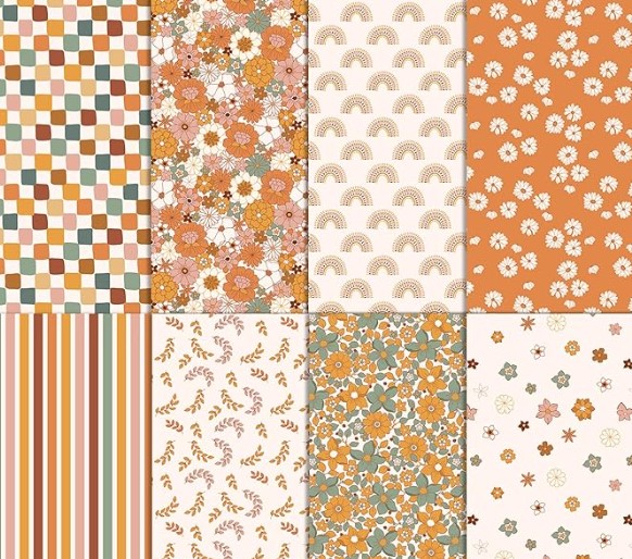 Whaline 8Pcs Boho Cotton Fabric Bundles 18 x 22 Inch Retro Floral Fat Quarters Boho Quilting Patchwork Squares Sewing Fabrics Boho Dress Apron Crafts for DIY Handmade Crafting Home Party Decor