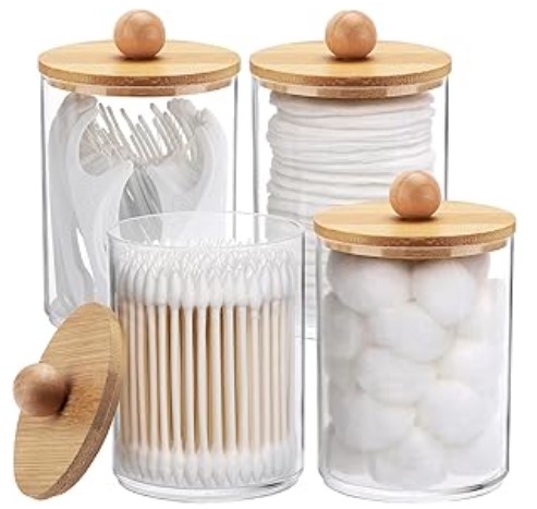Tbestmax 4 Pack Qtip Holder, 10-Ounce Bathroom Organizer Accessories Storage Containers Clear Plastic Apothecary Jars with Bamboo Lids for Cotton Ball, Cotton Swab, Floss