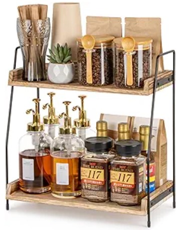 Countertop Coffee Station Organizer, 2 Tier Wooden Shelf for Coffee Bar Accessories, Condiment Storage Caddy for Kitchen, Home, Office - Brown